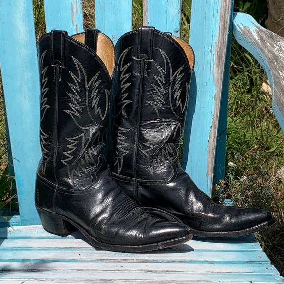 Vintage Justin Cowboy Boots Black size 11 1/2 D Made in USA - Picture 2 of 11